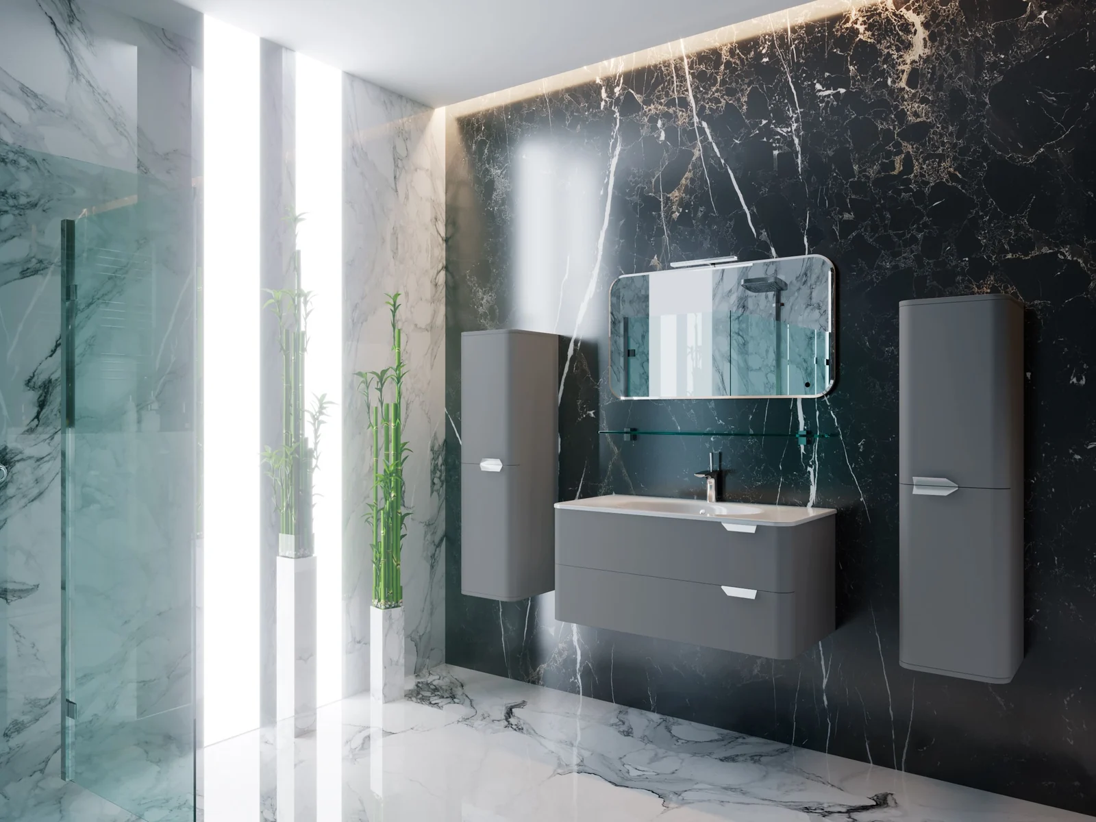 A grey wall-hung bathroom vanity with tall units and a marble wall