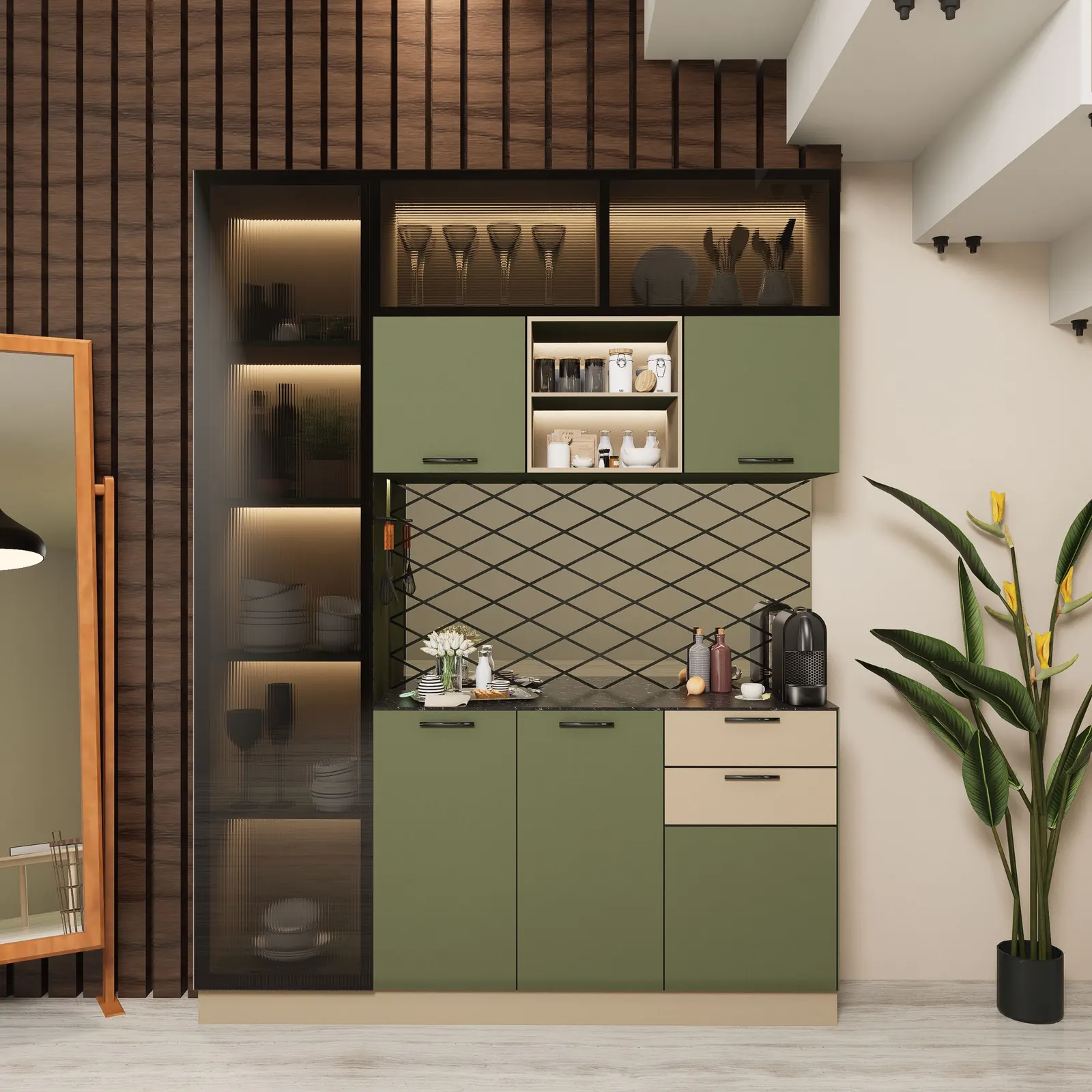 An olive green kitchenette with a fluted glass display cabinet